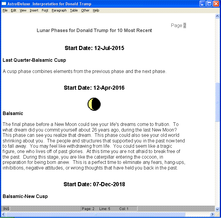 Progressed Moon Phases report page