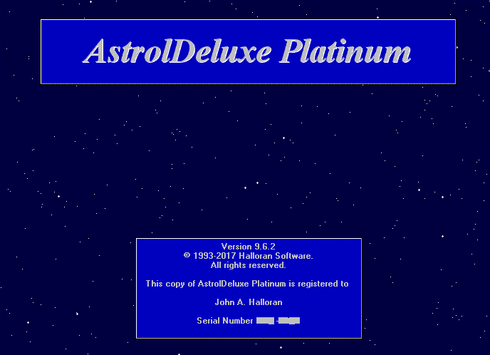 AstrolDeluxe Platinum, version 9.6, opening screen