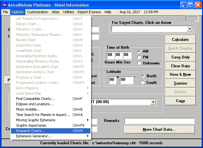 Options menu choice for Research Charts