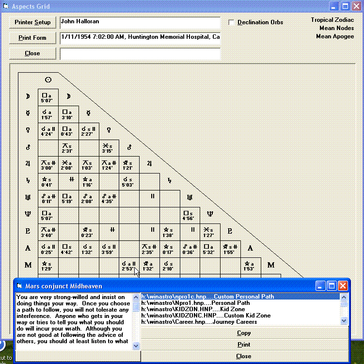 Aspects Grid with Pop-up Interpretation